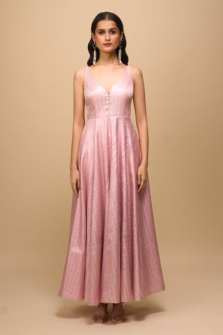 Samyukta Singhania_Pink Brocade V-neck Anarkali Dress _Online_at_Aza_Fashions