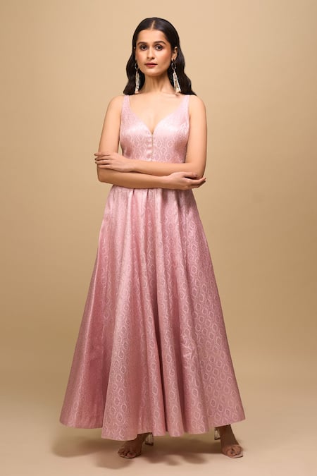 Buy_Samyukta Singhania_Pink Brocade V-neck Anarkali Dress _Online_at_Aza_Fashions