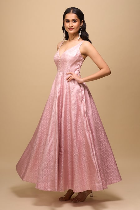 Shop_Samyukta Singhania_Pink Brocade V-neck Anarkali Dress _Online_at_Aza_Fashions