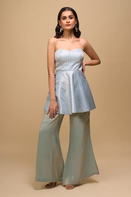 Samyukta Singhania Ice-Blue Brocade Peplum Top & Pant Set 