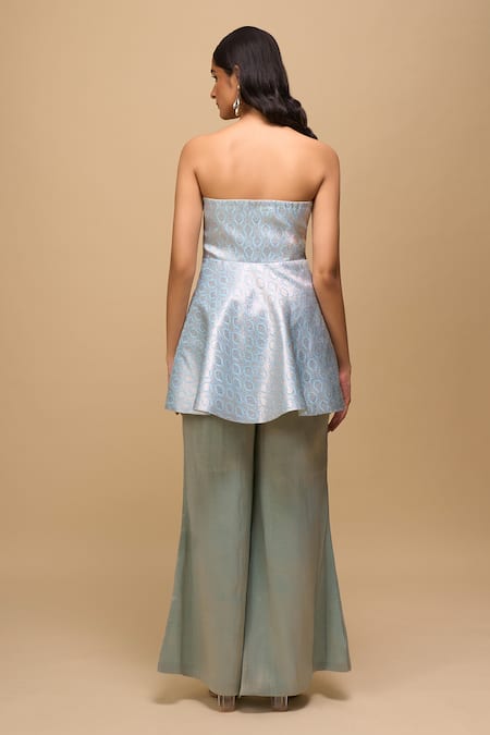 Samyukta Singhania Ice-Blue Brocade Peplum Top & Pant Set 