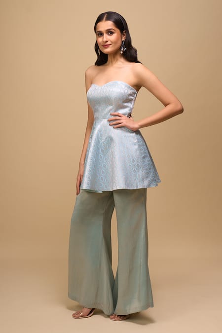 Samyukta Singhania_Blue Brocade, Tissue Off-shoulder Ice-blue Peplum Top And Pant Set _Online_at_Aza_Fashions