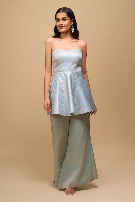 Buy_Samyukta Singhania_Blue Brocade, Tissue Off-shoulder Ice-blue Peplum Top And Pant Set _Online_at_Aza_Fashions