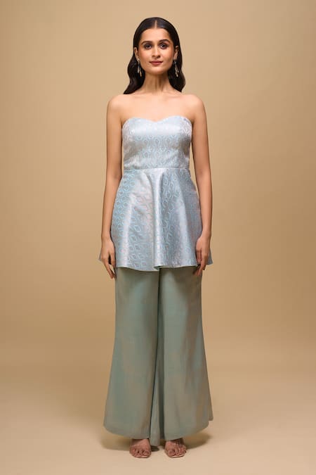 Shop_Samyukta Singhania_Blue Brocade, Tissue Off-shoulder Ice-blue Peplum Top And Pant Set _Online_at_Aza_Fashions