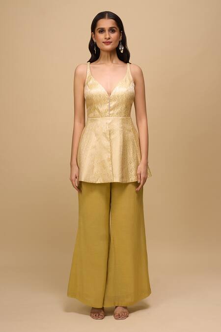 Shop_Samyukta Singhania_Yellow Brocade, Tissue Embroidery V-neck Lemon Top And Pant Set _Online_at_Aza_Fashions