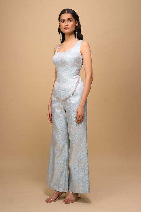 Samyukta Singhania_Blue Brocade Round Neck Ice-blue Top And Pant Set _Online_at_Aza_Fashions