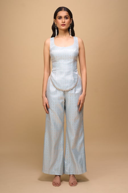 Buy_Samyukta Singhania_Blue Brocade Round Neck Ice-blue Top And Pant Set _Online_at_Aza_Fashions