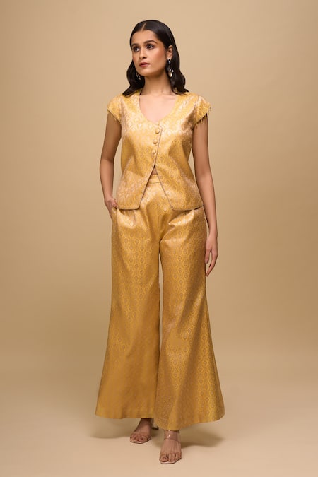 Buy_Samyukta Singhania_Mustard Brocade V-neck Yellow Top And Pant Set _Online_at_Aza_Fashions