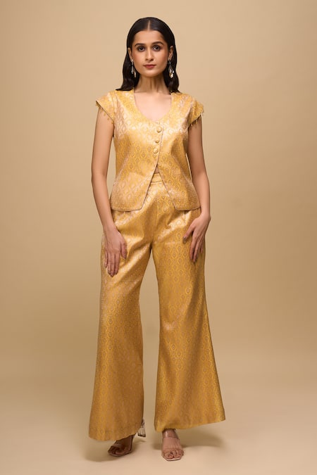 Samyukta Singhania Mustard Yellow Brocade Top & Pant Set 