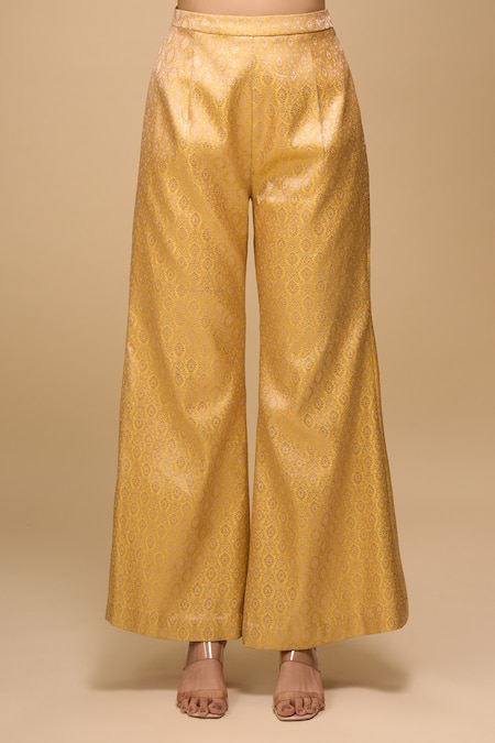 Samyukta Singhania_Mustard Brocade V-neck Yellow Top And Pant Set _at_Aza_Fashions