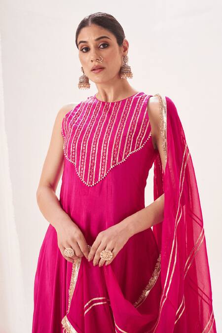 Muskann Kapadiaa_Pink Silk, Organza Gota Patti Round Neck Rose Anarkali Set _Online_at_Aza_Fashions
