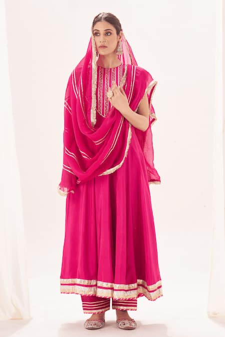 Muskann Kapadiaa Pink Silk, Organza Gota Patti Round Neck Rose Anarkali Set 
