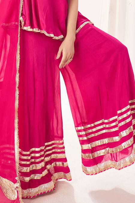 Muskann Kapadiaa_Pink Chiffon Gota Patti Round Neck Rose Kurta Sharara Set _Online_at_Aza_Fashions