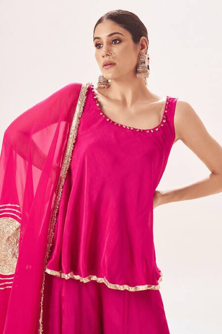 Shop_Muskann Kapadiaa_Pink Chiffon Gota Patti Round Neck Rose Kurta Sharara Set _Online_at_Aza_Fashions