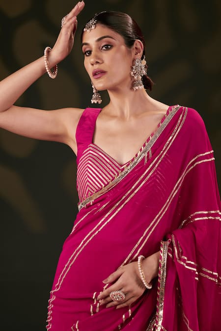 Muskann Kapadiaa Pink Silk, Georgette Gota Patti Plunge Neck Rose Saree Set Online at Aza Fashions Muskann Kapadiaa_Pink Silk, Georgette Gota Patti Plunge Neck Rose Saree Set _Online_at_Aza_Fashions