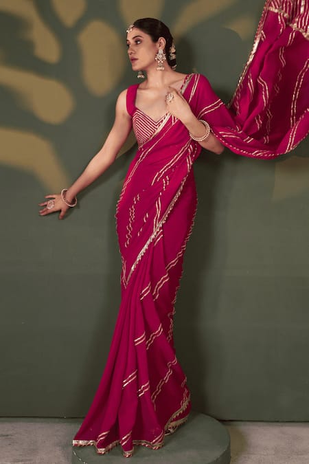 Buy Muskann Kapadiaa Pink Silk, Georgette Gota Patti Plunge Neck Rose Saree Set Online at Aza Fashions Buy_Muskann Kapadiaa_Pink Silk, Georgette Gota Patti Plunge Neck Rose Saree Set _Online_at_Aza_Fashions