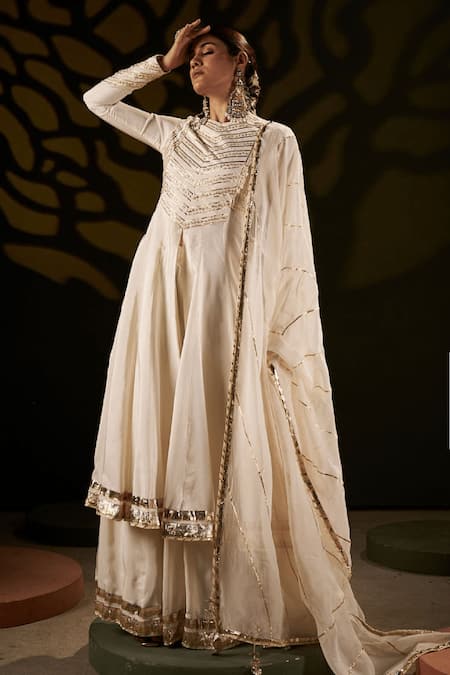 Muskann Kapadiaa Ivory Silk, Organza Gota Patti Round Neck Anarkali Palazzo Set 