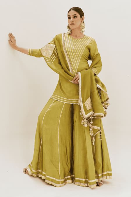 Muskann Kapadiaa Olive Green Silk, Organza Gota Patti Round Neck Kurta Palazzo Set 
