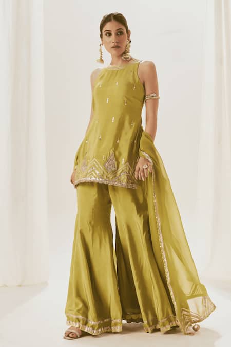 Muskann Kapadiaa Olive Green Silk, Organza Gota Patti Round Neck Kurta Sharara Set 