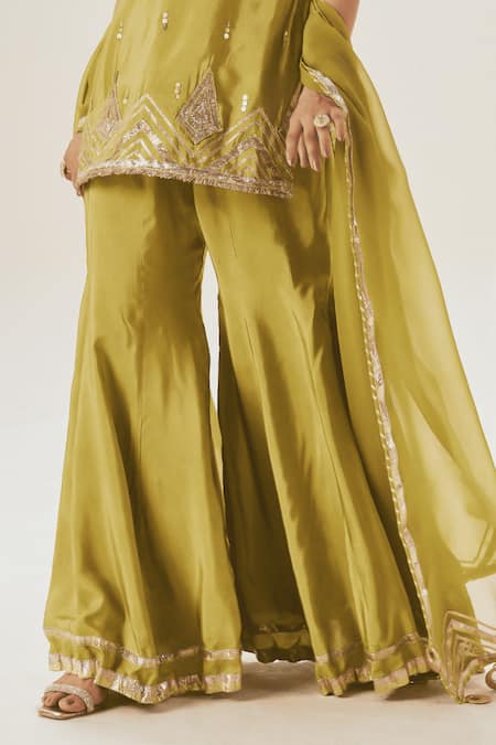 Buy_Muskann Kapadiaa_Olive Green Silk, Organza Gota Patti Round Neck Kurta Sharara Set _Online_at_Aza_Fashions