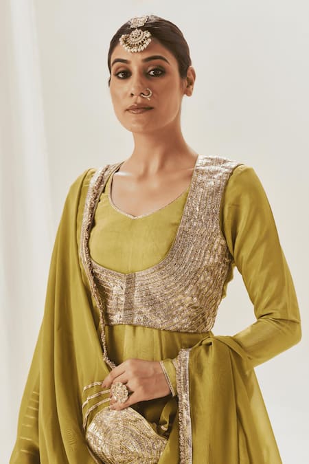Buy_Muskann Kapadiaa_Olive Green Silk, Organza, Chiffon Gota Patti Round Neck Anarkali Set _Online_at_Aza_Fashions