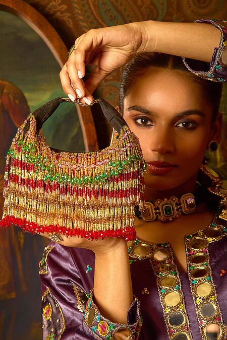 Forever Noor_Red Beads, Sequins Faiza Boat Bag In Multi Gold _Online_at_Aza_Fashions