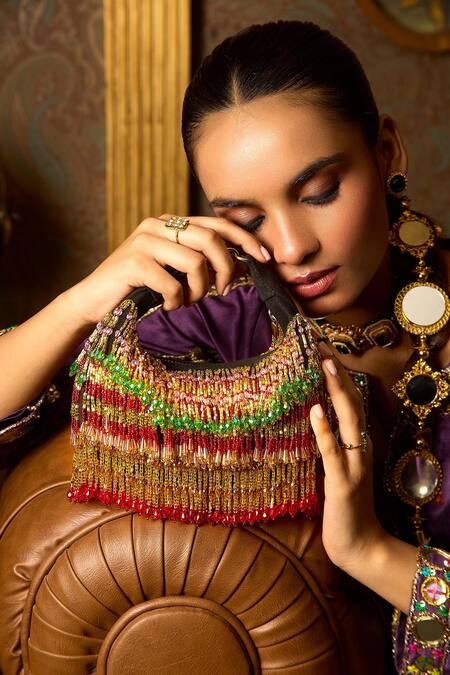 Buy_Forever Noor_Red Beads, Sequins Faiza Boat Bag In Multi Gold _Online_at_Aza_Fashions