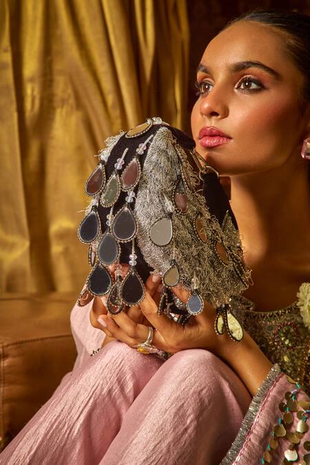 Buy Forever Noor Black Mirrors Seher Boat Bag Online at Aza Fashions Buy_Forever Noor_Black Mirrors Seher Boat Bag _Online_at_Aza_Fashions