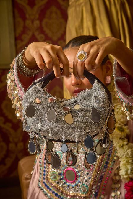 Forever Noor Black Mirrors Seher Boat Bag at Aza Fashions Forever Noor_Black Mirrors Seher Boat Bag _at_Aza_Fashions