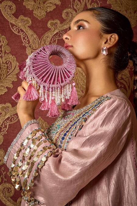 Shop Forever Noor Pink Beads, Tassels The Kala Mini Designer Bag Online at Aza Fashions Shop_Forever Noor_Pink Beads, Tassels The Kala Mini Designer Bag _Online_at_Aza_Fashions