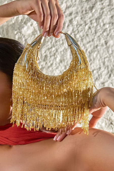 Forever Noor_Gold Fringe Designer Bag _Online_at_Aza_Fashions