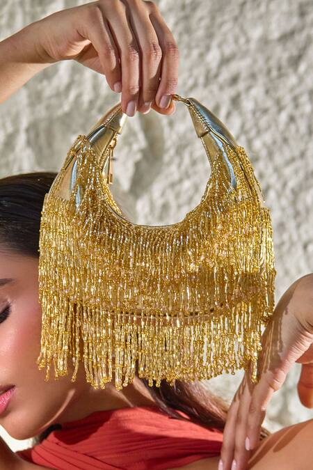 Buy_Forever Noor_Gold Fringe Designer Bag _Online_at_Aza_Fashions
