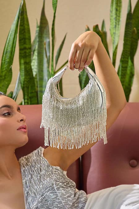 Forever Noor Fringed Silver Designer Handbag 