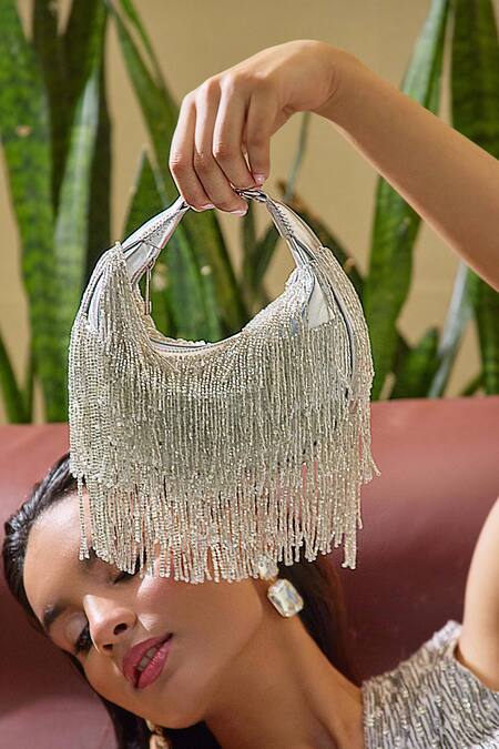 Buy_Forever Noor_Silver Fringe Designer Handbag _Online_at_Aza_Fashions