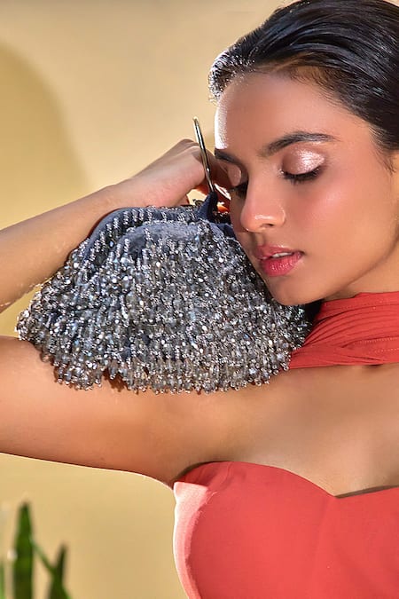 Forever Noor_Gray Crystals Midnight Drip Cloud Bag _Online_at_Aza_Fashions