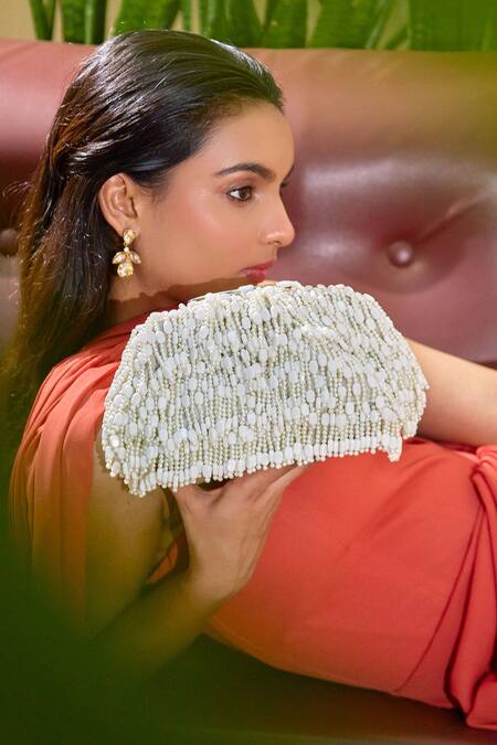 Buy_Forever Noor_Ivory Beads Pearl Prism Cloud Bag _Online_at_Aza_Fashions