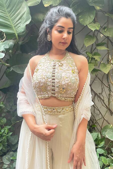 Aaryaa By Kashveen Kohli_Ivory Chiffon, Net Embroidery Halter Neck Hand Blouse And Palazzo Set _Online_at_Aza_Fashions