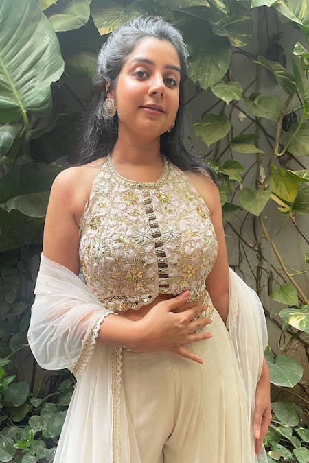 Aaryaa By Kashveen Kohli Ivory Hand Embroidered Blouse & Palazzo Set 