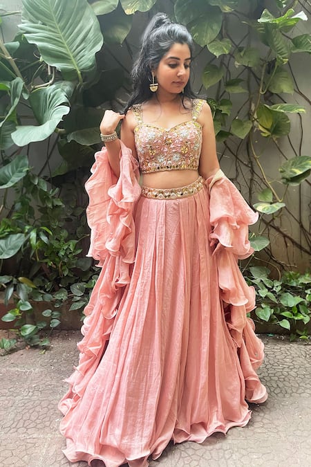 Aaryaa By Kashveen Kohli Blush Peach Embroidered Blouse Lehenga Set 