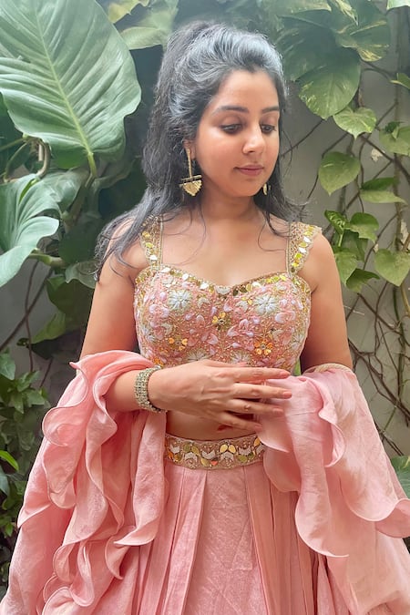 Aaryaa By Kashveen Kohli_Blush Chiffon, Net Embroidery Sweetheart Neck Peach Blouse Lehenga Set _Online_at_Aza_Fashions