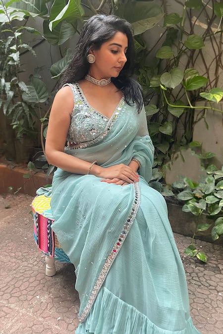 Aaryaa By Kashveen Kohli Sky Blue Hand Embroidered Saree Set 