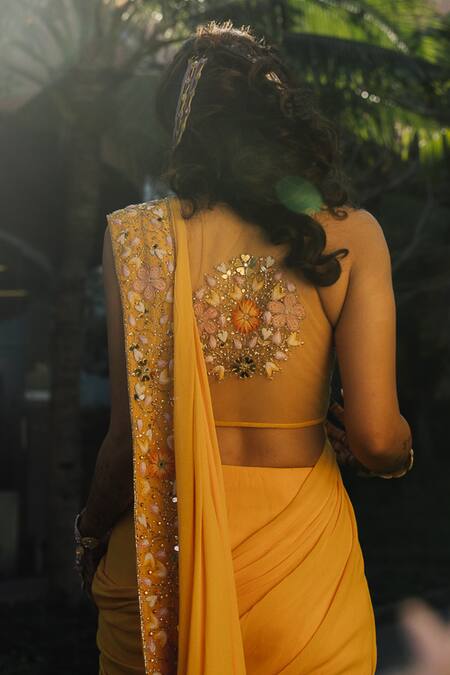 Aaryaa By Kashveen Kohli Yellow Hand Embroidered Saree & Blouse Set 