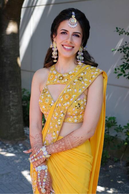 Buy_Aaryaa By Kashveen Kohli_Yellow Silk, Net Sequins, Embroidery Hand Saree And Blouse Set _Online_at_Aza_Fashions