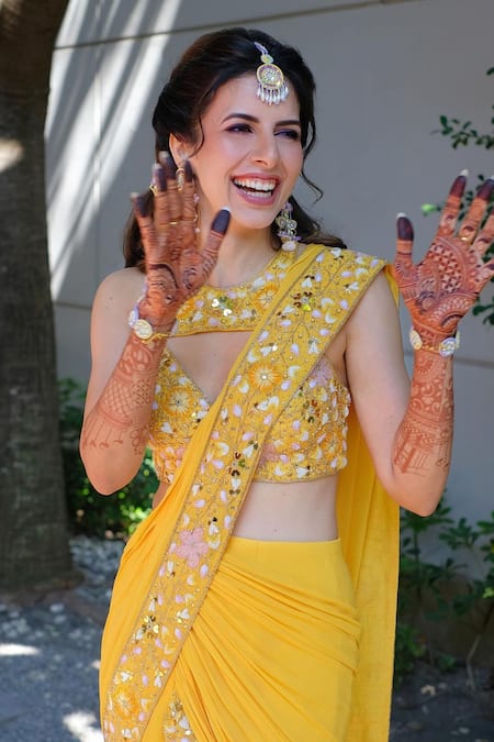 Shop_Aaryaa By Kashveen Kohli_Yellow Silk, Net Sequins, Embroidery Hand Saree And Blouse Set _Online_at_Aza_Fashions