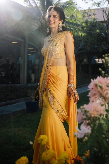 Aaryaa By Kashveen Kohli_Yellow Silk, Net Sequins, Embroidery Hand Saree And Blouse Set _at_Aza_Fashions