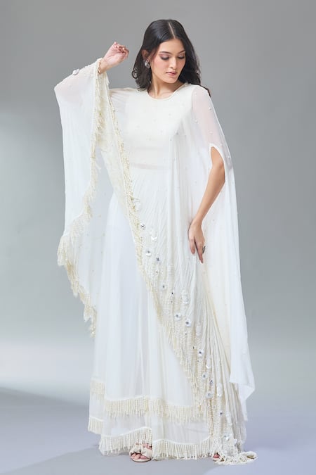 Divya Kanakia Ivory Georgette Sequins, Pearls Round 3d Hand Embroidered Cape And Sharara Set 