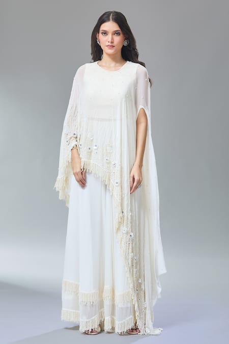Buy_Divya Kanakia_Ivory Georgette Sequins, Pearls Round 3d Hand Embroidered Cape And Sharara Set _Online_at_Aza_Fashions