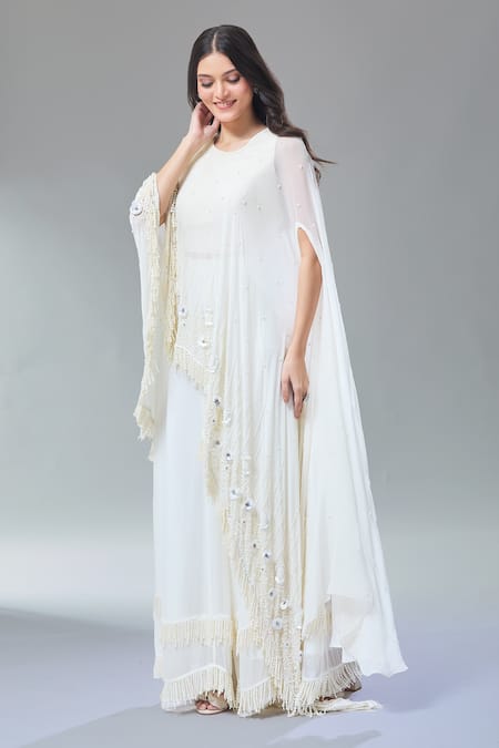 Shop_Divya Kanakia_Ivory Georgette Sequins, Pearls Round 3d Hand Embroidered Cape And Sharara Set _Online_at_Aza_Fashions
