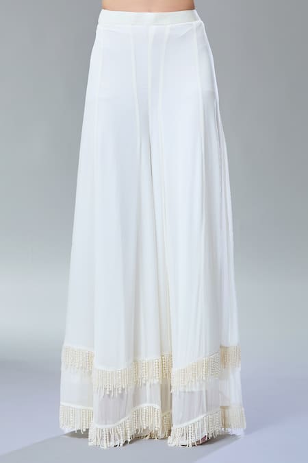 Divya Kanakia_Ivory Georgette Sequins, Pearls Round 3d Hand Embroidered Cape And Sharara Set _at_Aza_Fashions