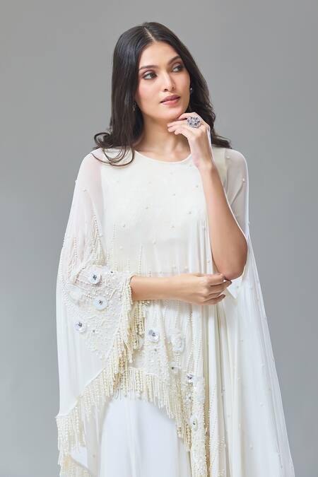 Buy_Divya Kanakia_Ivory Georgette Sequins, Pearls Round 3d Hand Embroidered Cape And Sharara Set 